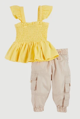 Baby Girls 0-9M Flutter Sleeve Peplum Top and Cargo Joggers, Yellow, Size 0-3M