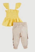 Baby Girls 0-9M Flutter Sleeve Peplum Top and Cargo Joggers, Yellow, Size 0-3M