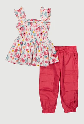 Baby Girls 0-9M Floral Print Peplum Top and Cargo Joggers, Pink, Size 0-3M