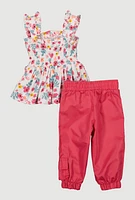 Baby Girls 0-9M Floral Print Peplum Top and Cargo Joggers, Pink, Size 0-3M