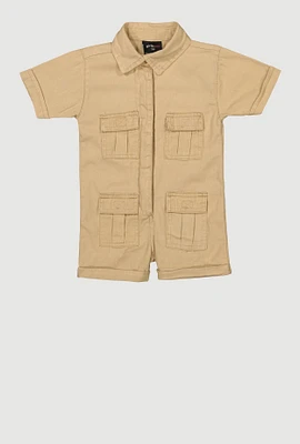 Baby Girls Twill Mineral Wash Utility Romper, Khaki, Size 6M