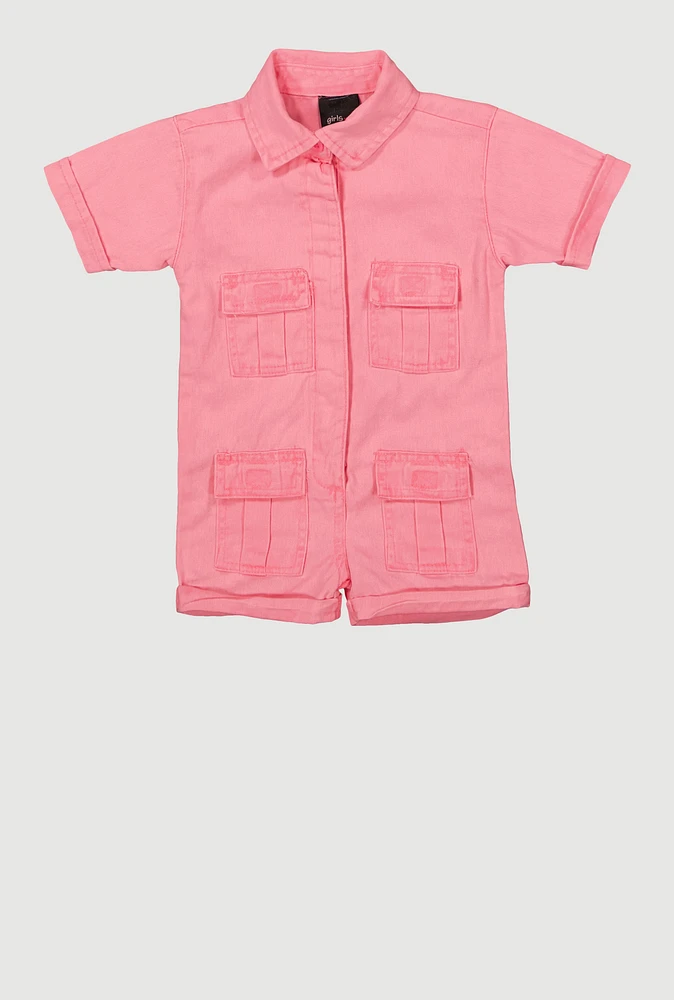 Baby Girls Twill Mineral Wash Utility Romper, Pink, Size 9M