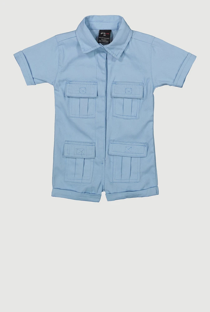 Baby Girls Twill Mineral Wash Utility Romper, Blue, Size 3M