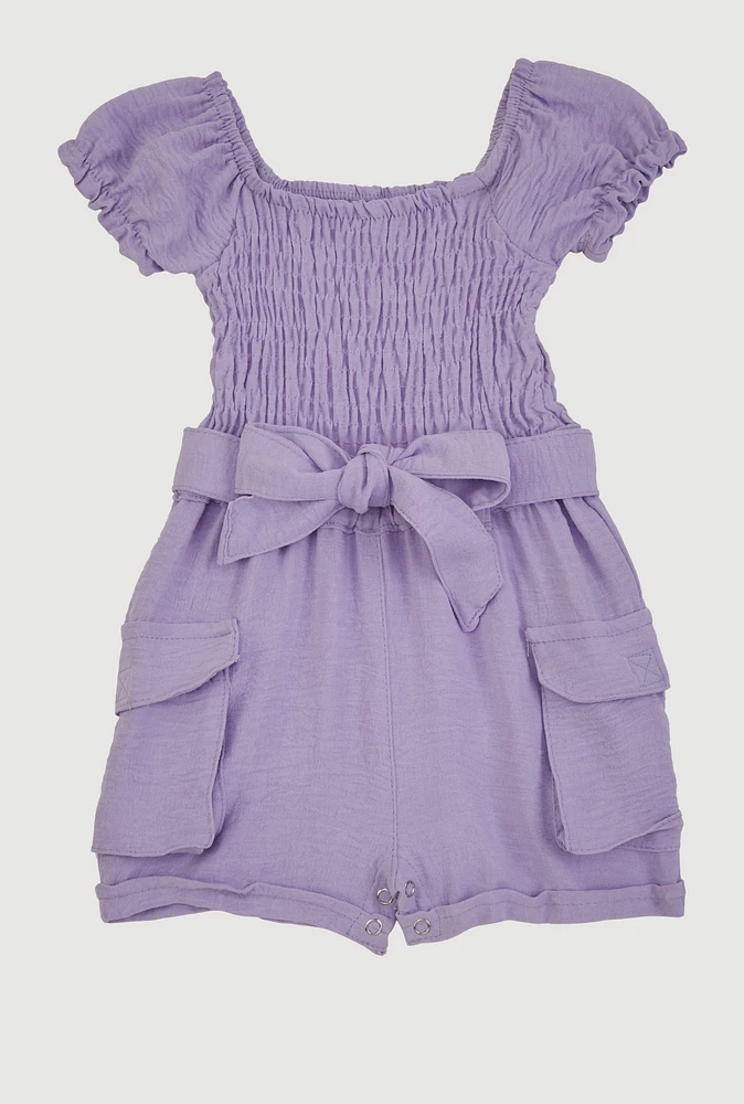 Baby Girls 0-9M Airy Smocked Tie Waist Belted Romper, Purple, Size 3M