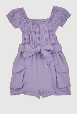 Baby Girls 0-9M Airy Smocked Tie Waist Belted Romper, Purple, Size 3M