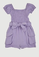 Baby Girls 0-9M Airy Smocked Tie Waist Belted Romper, Purple, Size 3M