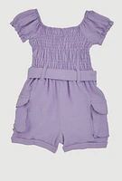 Baby Girls 0-9M Airy Smocked Tie Waist Belted Romper, Purple, Size 3M