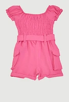 Baby Girls 0-9M Airy Smocked Tie Waist Belted Romper, Pink, Size 6M