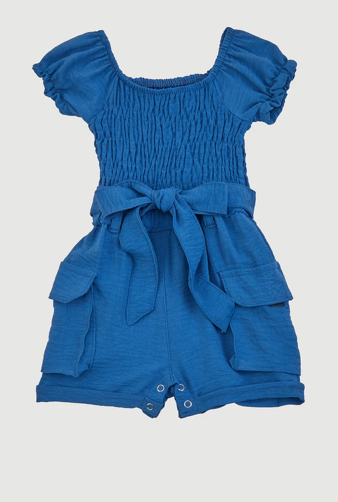 Baby Girls 0-9M Airy Smocked Tie Waist Belted Romper,