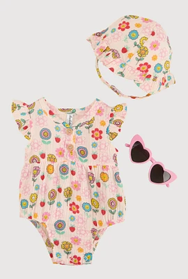 Baby Girls 0-9M Flower Print Romper and Hat with Sunglasses, Pink, Size 6-9M