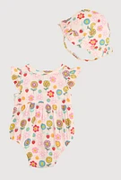 Baby Girls 0-9M Flower Print Romper and Hat with Sunglasses, Pink, Size 6-9M