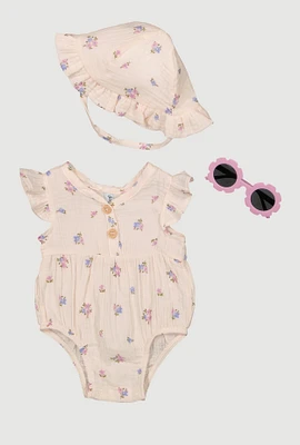 Baby Girls 0-9M Floral Romper with Hat and Sunglasses, Pink,