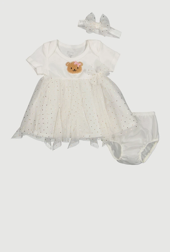 Baby Girls 0-9M Chenille Bear Tulle Dress with Bubble Shorts, White, Size 0-3M