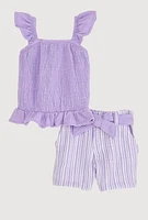 Baby Girls 0-9M Ruffled Smocked Top and Striped Shorts, Purple, Size 9M