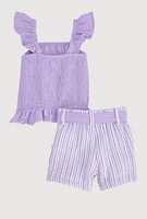 Baby Girls 0-9M Ruffled Smocked Top and Striped Shorts, Purple, Size 9M