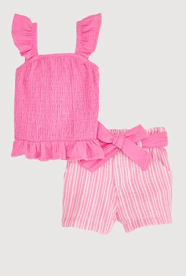 Baby Girls 0-9M Ruffled Smocked Top and Striped Shorts, Pink, Size 9M