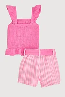 Baby Girls 0-9M Ruffled Smocked Top and Striped Shorts, Pink, Size 9M