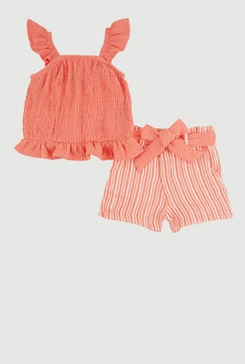 Baby Girls 0-9M Ruffled Smocked Top and Striped Shorts,
