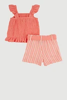 Baby Girls 0-9M Ruffled Smocked Top and Striped Shorts,