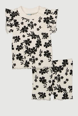 Baby Girls 0-9M Rib Knit Floral Print Top and Shorts, Multi, Size 3-6M
