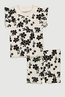 Baby Girls 0-9M Rib Knit Floral Print Top and Shorts, Multi, Size 3-6M