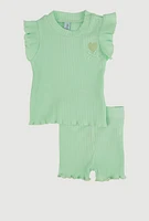 Baby Girls Rib Knit Heart Embroidered Tee and Shorts, Green, Size 3-6M