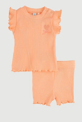 Baby Girls 0-9M Ribbed Knit Flutter Sleeve Top and Shorts, Orange, Size 6-9M
