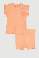 Baby Girls 0-9M Ribbed Knit Flutter Sleeve Top and Shorts, Orange, Size 6-9M