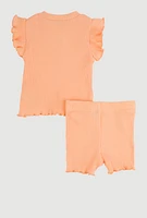 Baby Girls 0-9M Ribbed Knit Flutter Sleeve Top and Shorts, Orange, Size 3-6M