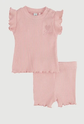 Baby Girls 0-9M Ribbed Knit Flutter Sleeve Top with Shorts, Pink, Size 6-9M