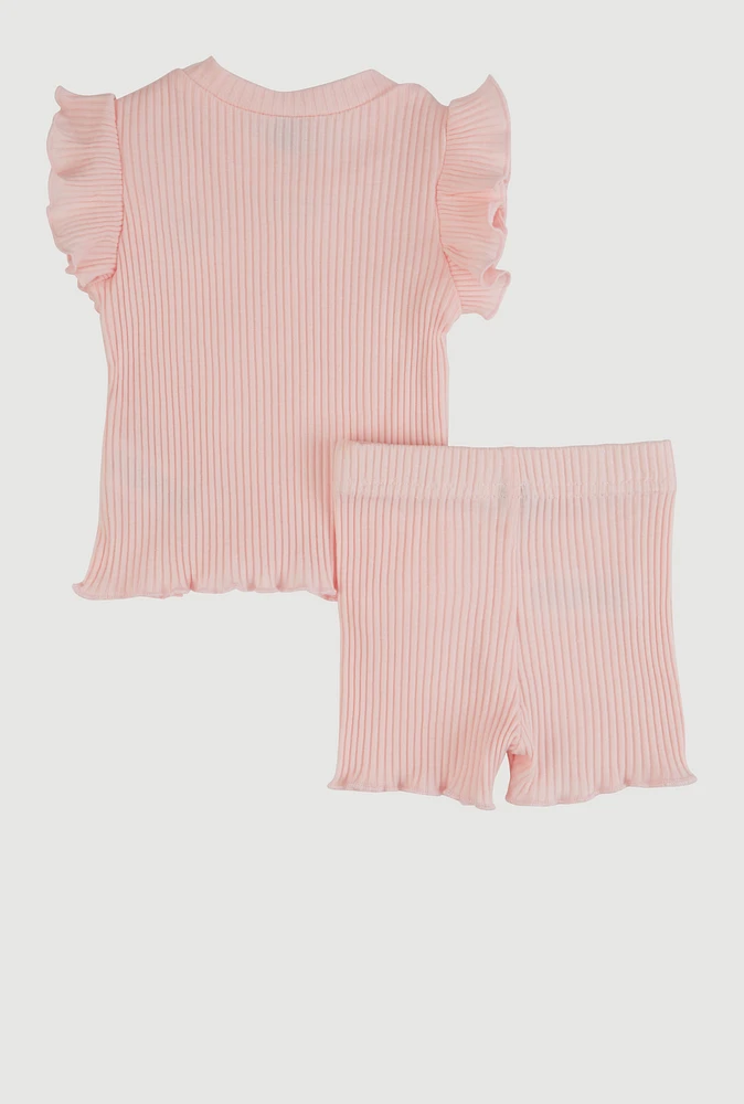 Baby Girls 0-9M Ribbed Knit Flutter Sleeve Top with Shorts, Pink, Size 0-3M