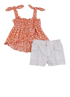 Baby Girls 0-9M Floral Smocked Tank Top and Shorts, Orange, Size 0-3M