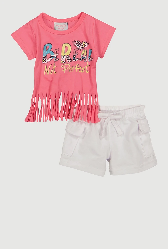 Baby Girls 0-9M Glitter Be Real Graphic Tee and Cargo Shorts, Pink, Size 0-3M