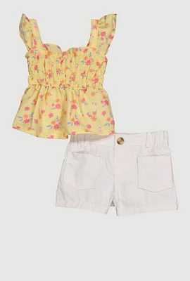 Baby Girls 0-9M Floral Print Peplum Top and Shorts, Yellow,