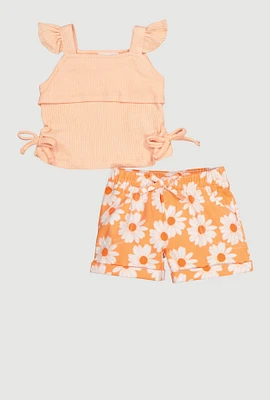 Baby Girls 0-9M Ribbed Knit Sleeveless Top and Floral Shorts, Orange,