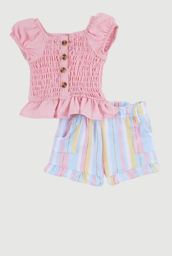 Baby Girls 0-9M Smocked Peasant Top and Striped Pants, Pink, Size 3-6M