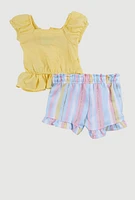 Baby Girls 0-9M Smocked Peplum Top and Striped Shorts, Yellow, Size 3-6M