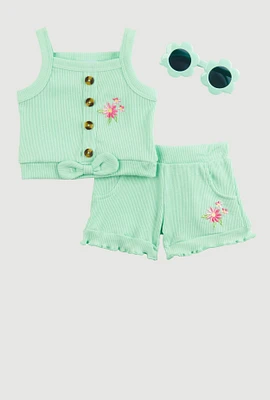 Baby Girls 0-9M Embroidered Tank Top and Shorts, Green, Size 3-6M