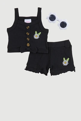 Baby Girls 0-9M Embroidered Sunflower Tank Top and Shorts, Black, Size 0-3M