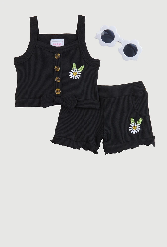 Baby Girls 0-9M Embroidered Sunflower Tank Top and Shorts, Black, Size 6-9M