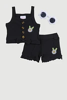 Baby Girls 0-9M Embroidered Sunflower Tank Top and Shorts, Black, Size 6-9M