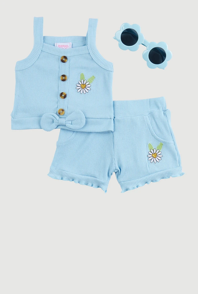 Baby Girls 0-9M Embroidered Sunflower Tank Top and Shorts, Blue, Size 0-3M