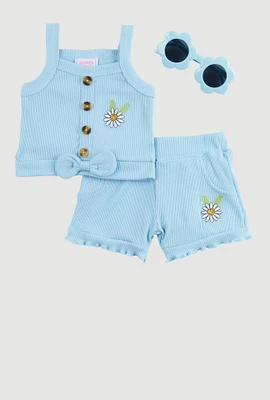 Baby Girls 0-9M Embroidered Sunflower Tank Top and Shorts, Blue, Size 0-3M