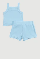 Baby Girls 0-9M Embroidered Sunflower Tank Top and Shorts, Blue, Size 0-3M