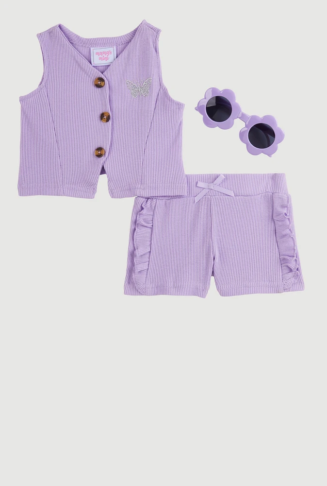 Baby Girls 0-9M Butterfly Vest and Shorts with Sunglasses, Purple, Size 6-9M
