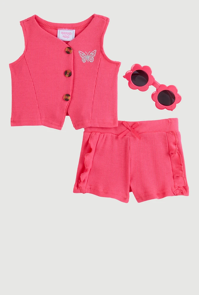 Baby Girls 0-9M Butterfly Vest and Shorts with Sunglasses,