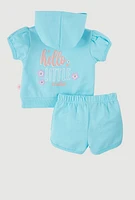 Baby Girls 0-9M Hooded Hello Graphic Tee and Dolphin Shorts, Blue, Size 0-3M