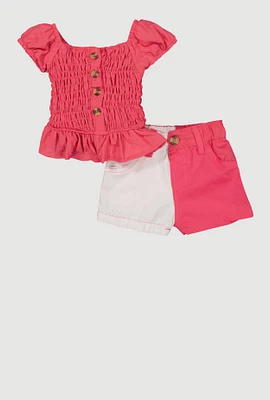 Baby Girls 0-9M Smocked Peasant Top and Color Blocked Shorts, Pink, Size 3-6M