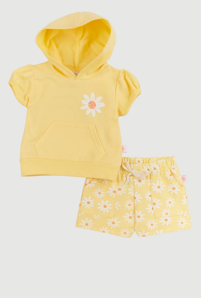 Baby Girls 0-9M Daisy Graphic Hooded Top and Shorts, Yellow, Size 3-6M