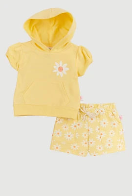 Baby Girls 0-9M Daisy Graphic Hooded Top and Shorts, Yellow, Size 3-6M